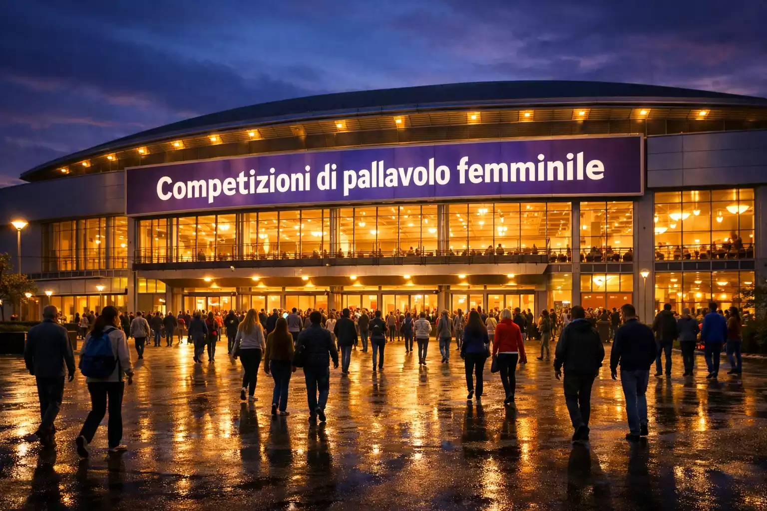 Palazzetto dello sport illuminato prima di una partita serale di pallavolo