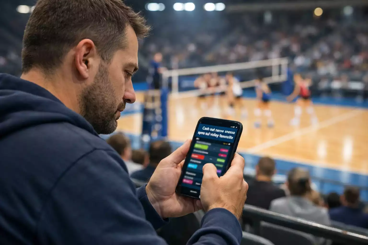 Tifoso segue una partita di pallavolo femminile dallo smartphone sugli spalti