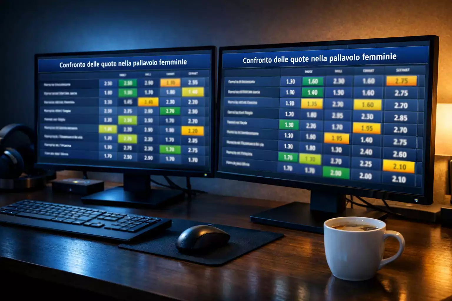 Due schermi affiancati con quote di scommesse su partite di pallavolo