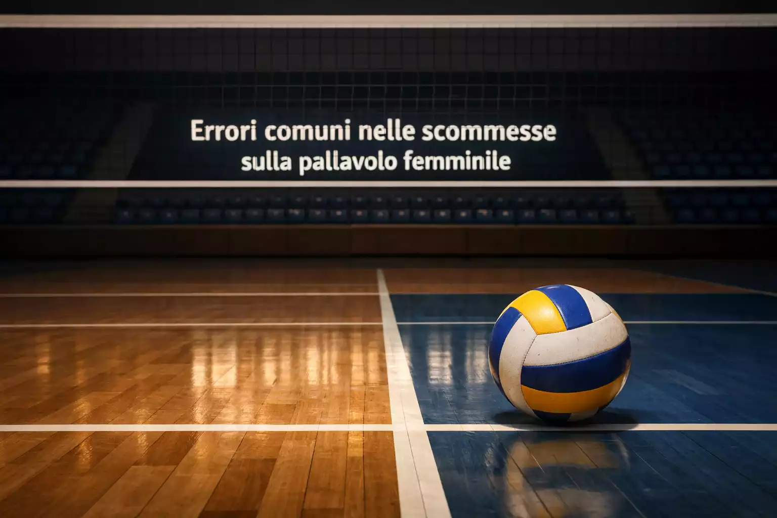 Pallone da pallavolo su un campo vuoto con rete sullo sfondo