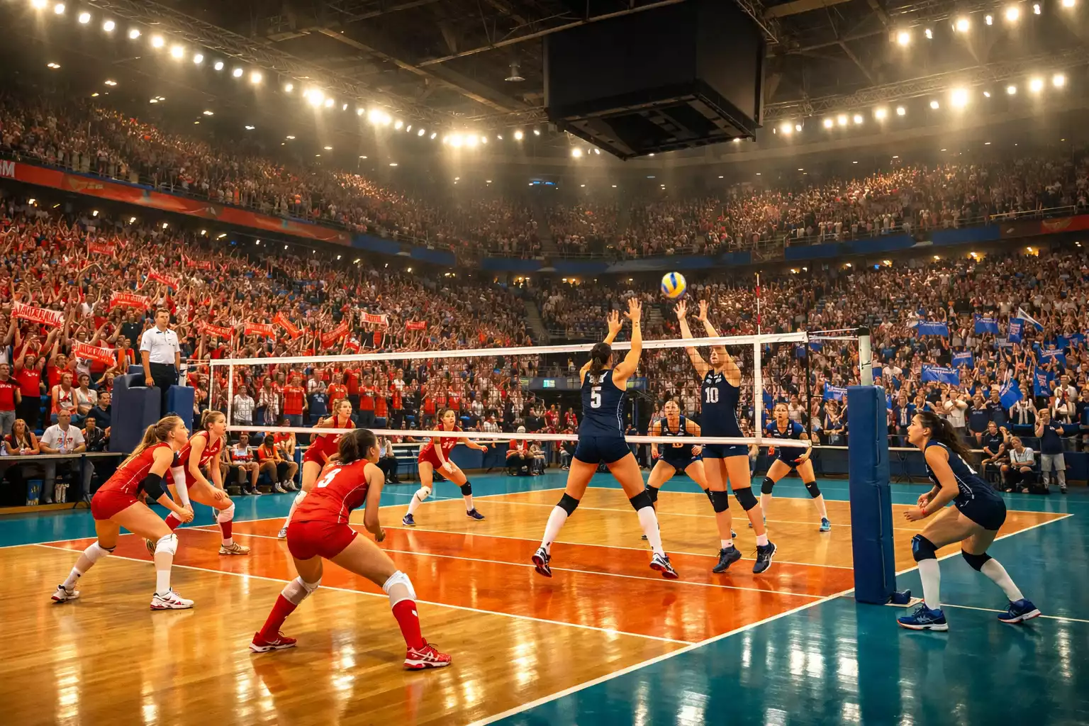 Palazzetto gremito di tifosi durante una partita di pallavolo femminile