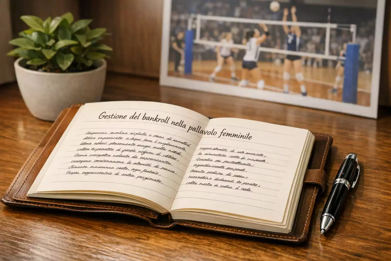 Quaderno con appunti e penna su un tavolo accanto a un campo di pallavolo