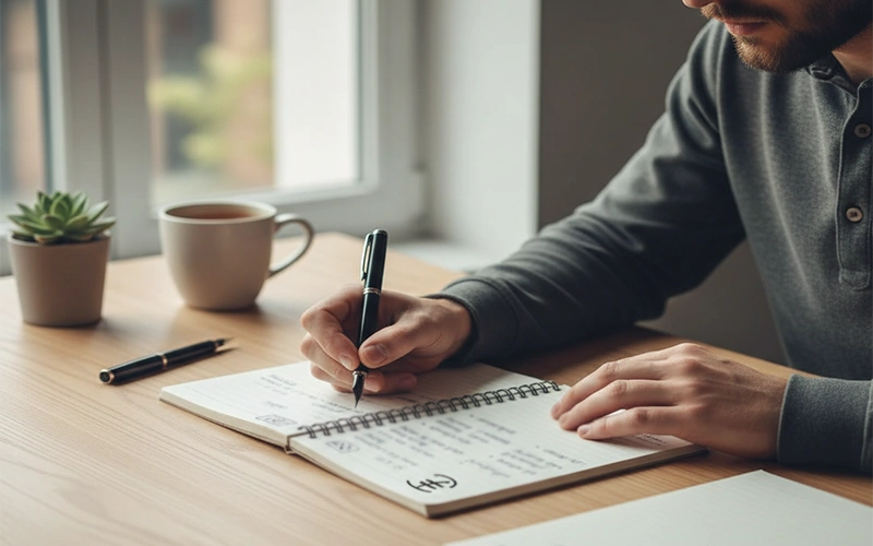 Persona che pianifica con blocco note e simboli € appuntati