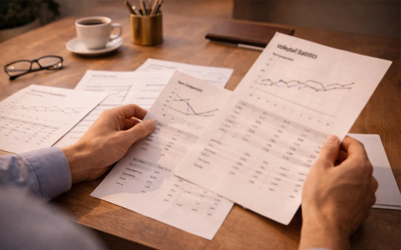 Analista sportivo che studia documenti con dati delle partite