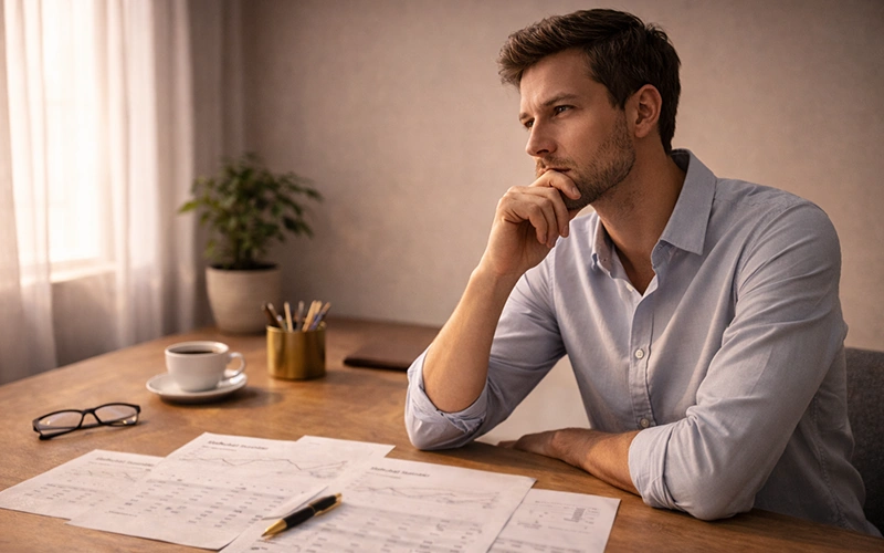 Persona pensierosa che riflette davanti a documenti sportivi