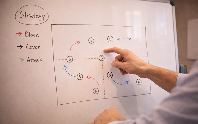 Allenatore di volley che analizza schemi tattici su lavagna