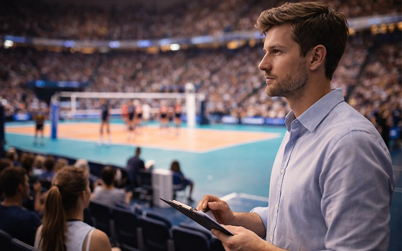 Allenatore di pallavolo che osserva la partita dalla panchina