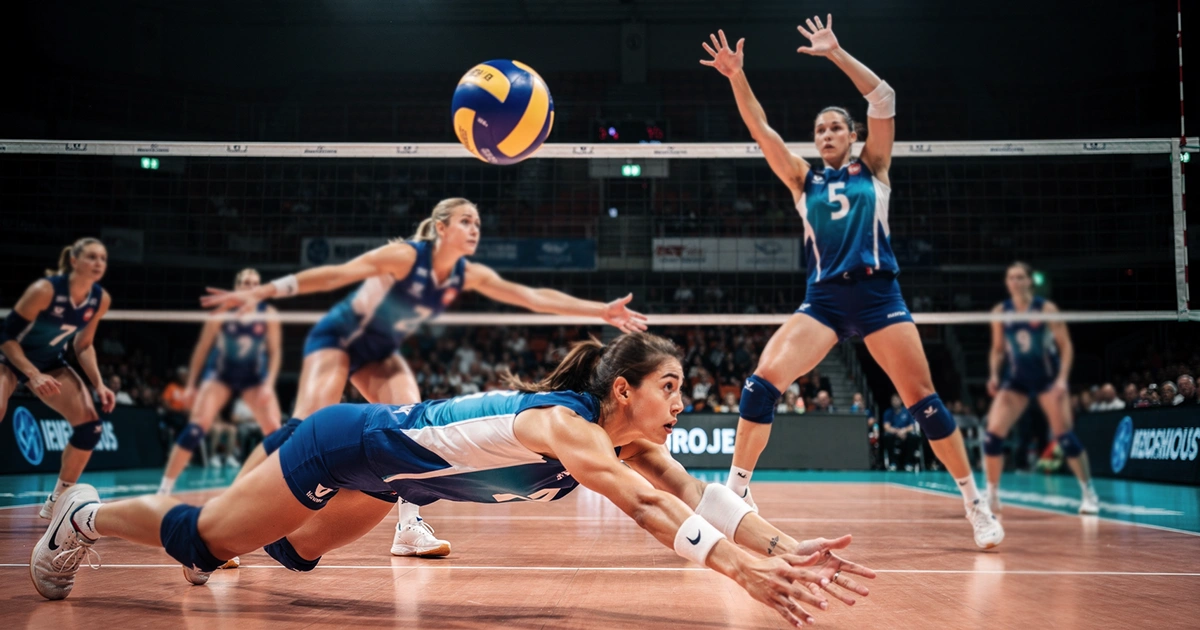 Azione intensa durante una partita di pallavolo femminile