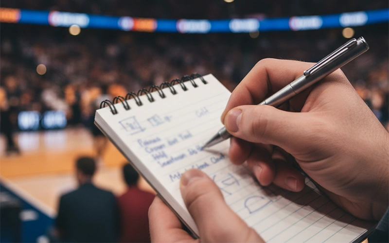 Persona concentrata che prende appunti durante una partita sportiva