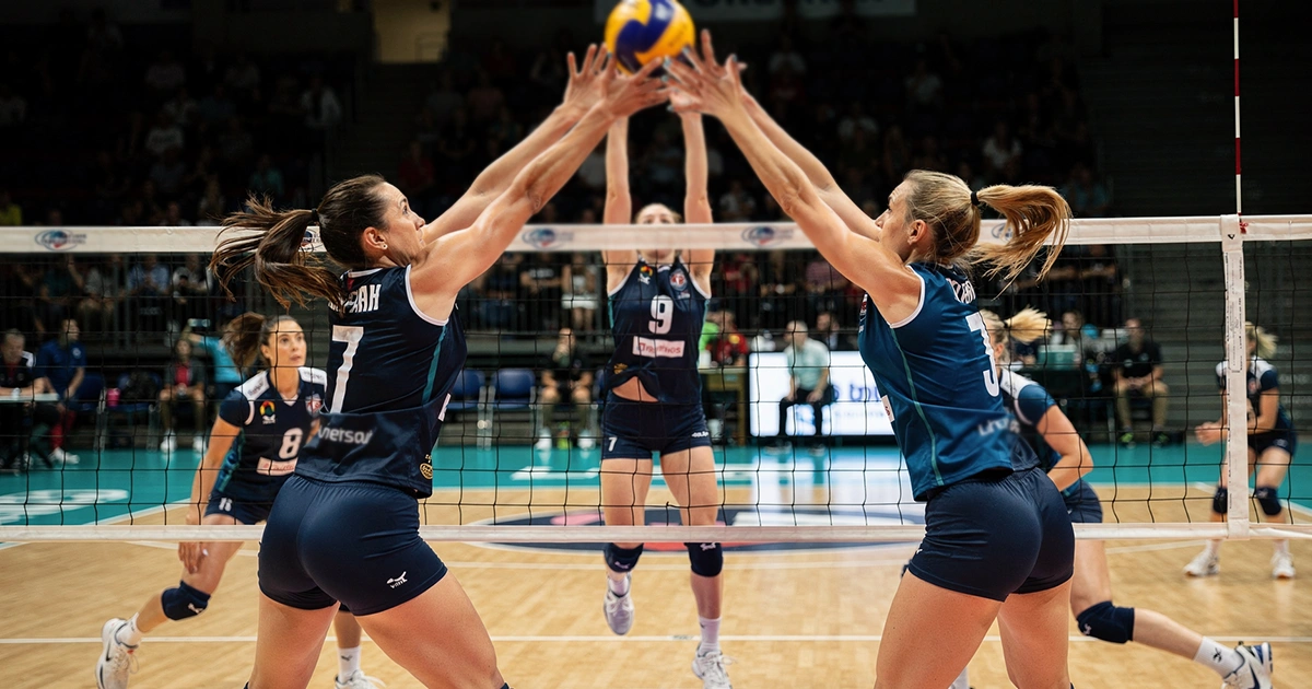 Pallavoliste durante uno scambio intenso a rete