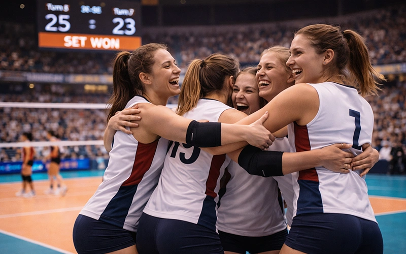 Squadra di pallavolo femminile che celebra la vittoria di un set