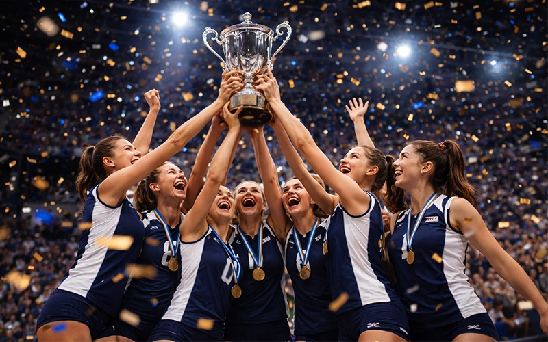 Squadra di pallavolo femminile che solleva un trofeo europeo