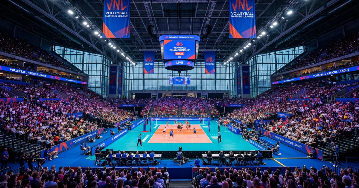 Arena internazionale durante una finale di pallavolo femminile