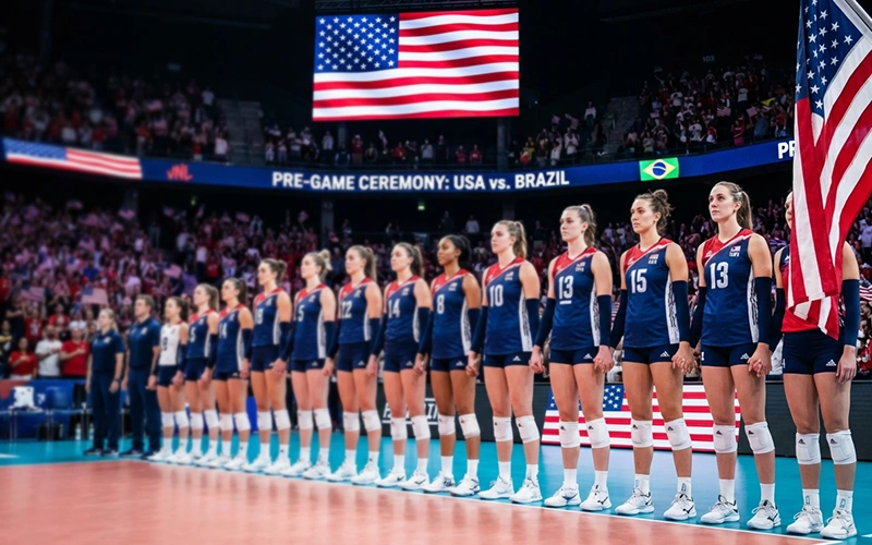 Nazionale di pallavolo femminile schierata prima della partita