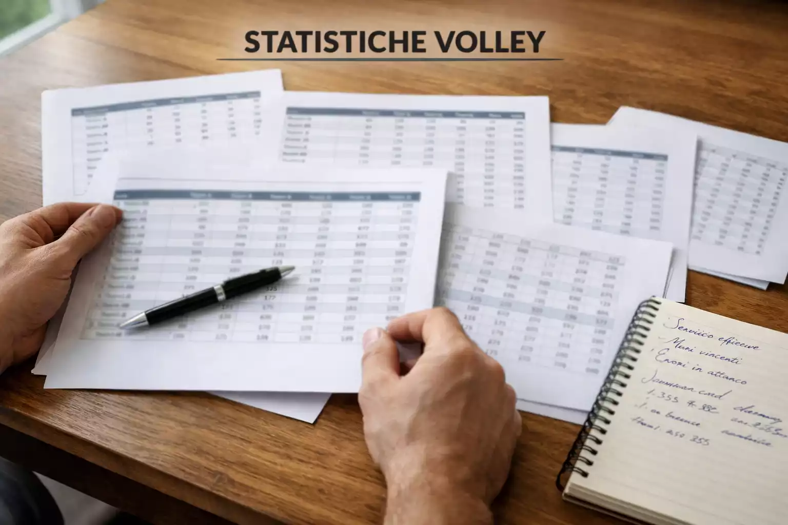 Persona analizza statistiche di pallavolo femminile su un documento cartaceo