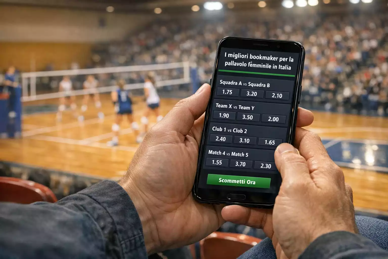 Smartphone con schermata di scommesse sportive accanto a un campo da pallavolo