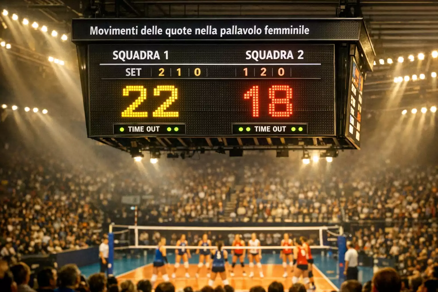 Tabellone luminoso di una partita di pallavolo femminile in un palazzetto