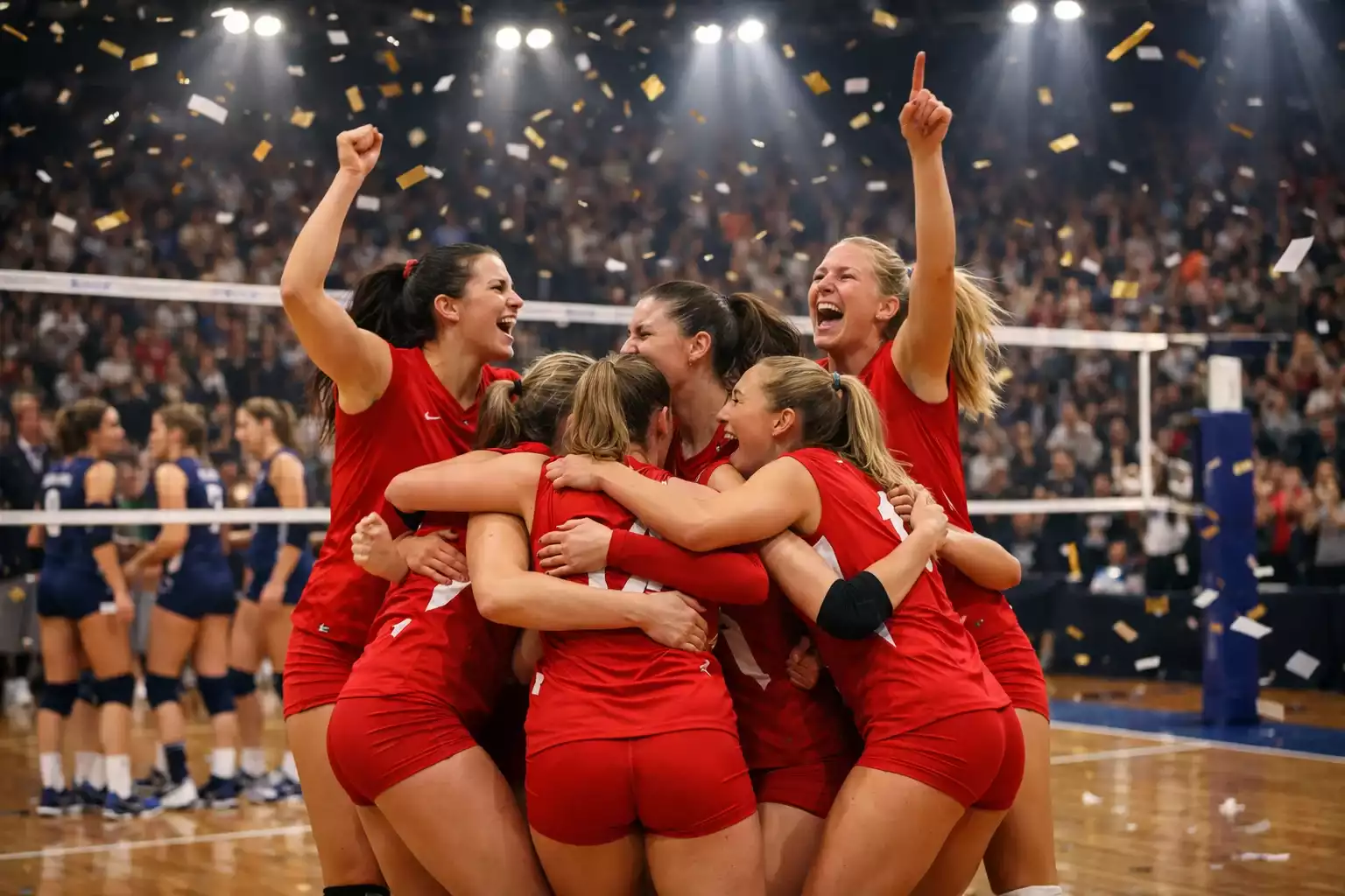Squadra di pallavolo femminile esulta dopo un punto decisivo nei playoff
