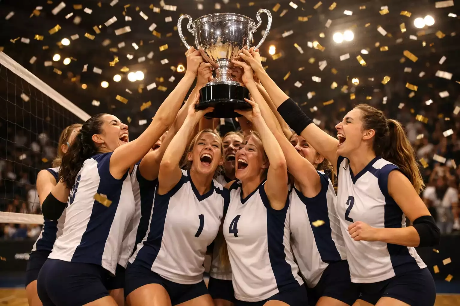 Squadra di pallavolo femminile festeggia con il trofeo del campionato