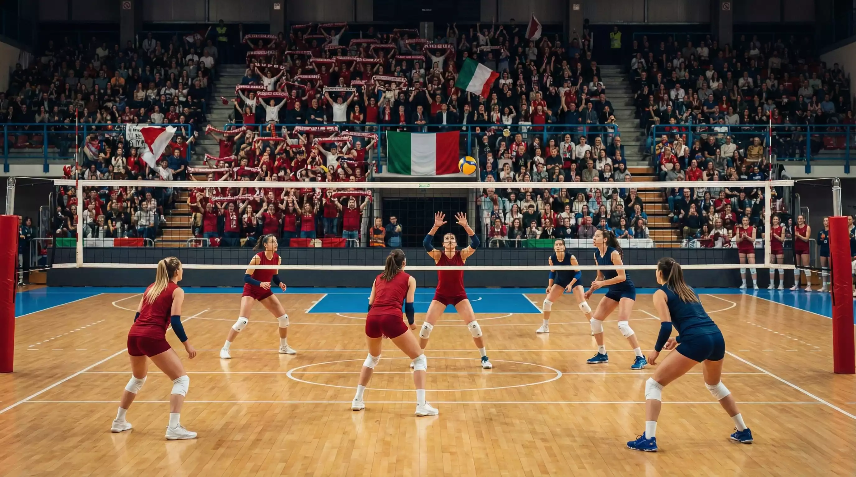 Palazzetto dello sport italiano durante una partita di Serie A1 femminile di pallavolo