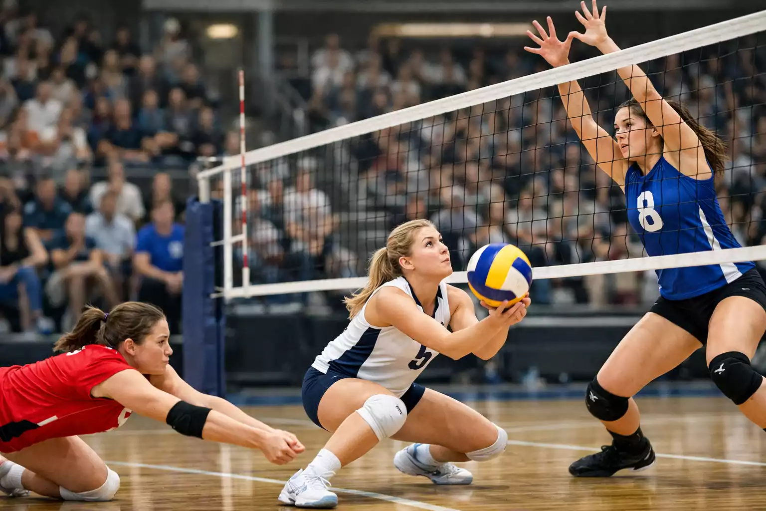 Pallavoliste femminili a rete durante un rally intenso in palazzetto