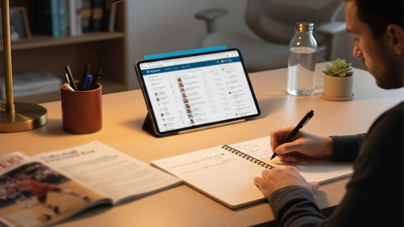 Persona prende appunti mentre pianifica le scommesse sportive