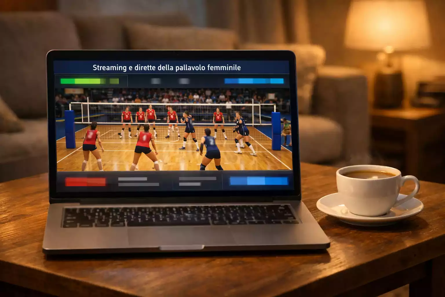 Schermo di un laptop che trasmette una partita di pallavolo femminile in diretta