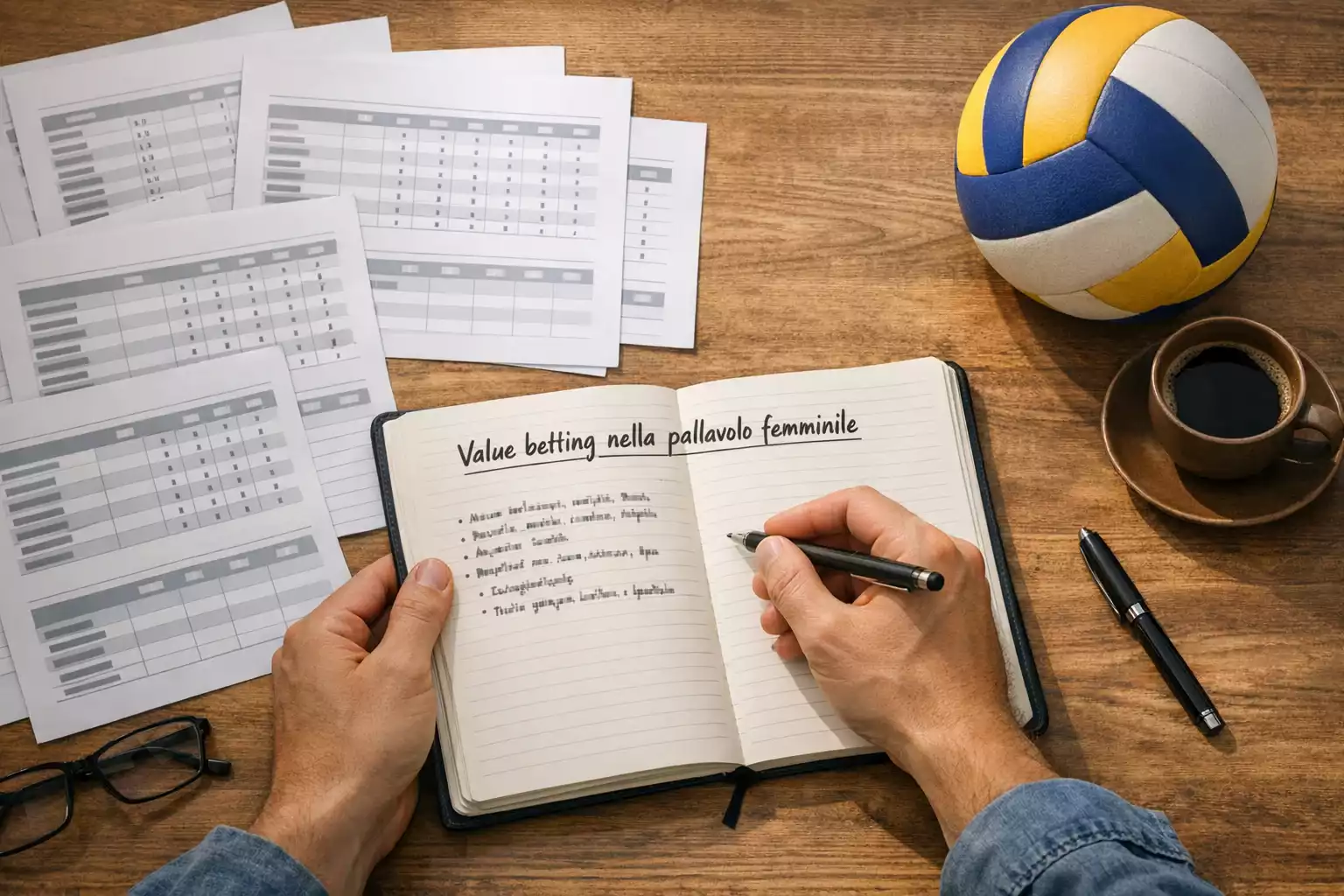 Persona analizza dati e statistiche di pallavolo femminile su un foglio di calcolo